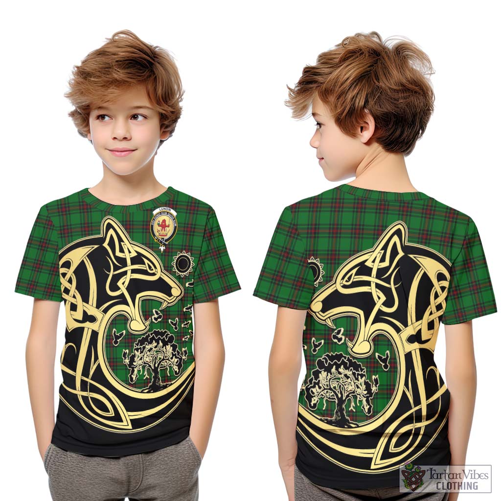Tartan Vibes Clothing Lundin Tartan Kid T-Shirt with Family Crest Celtic Wolf Style
