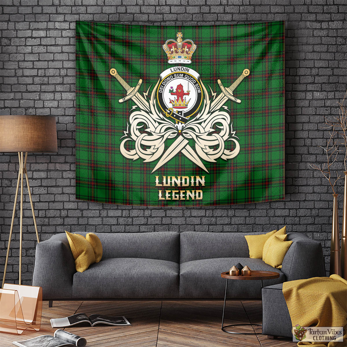 Tartan Vibes Clothing Lundin Tartan Tapestry with Clan Crest and the Golden Sword of Courageous Legacy