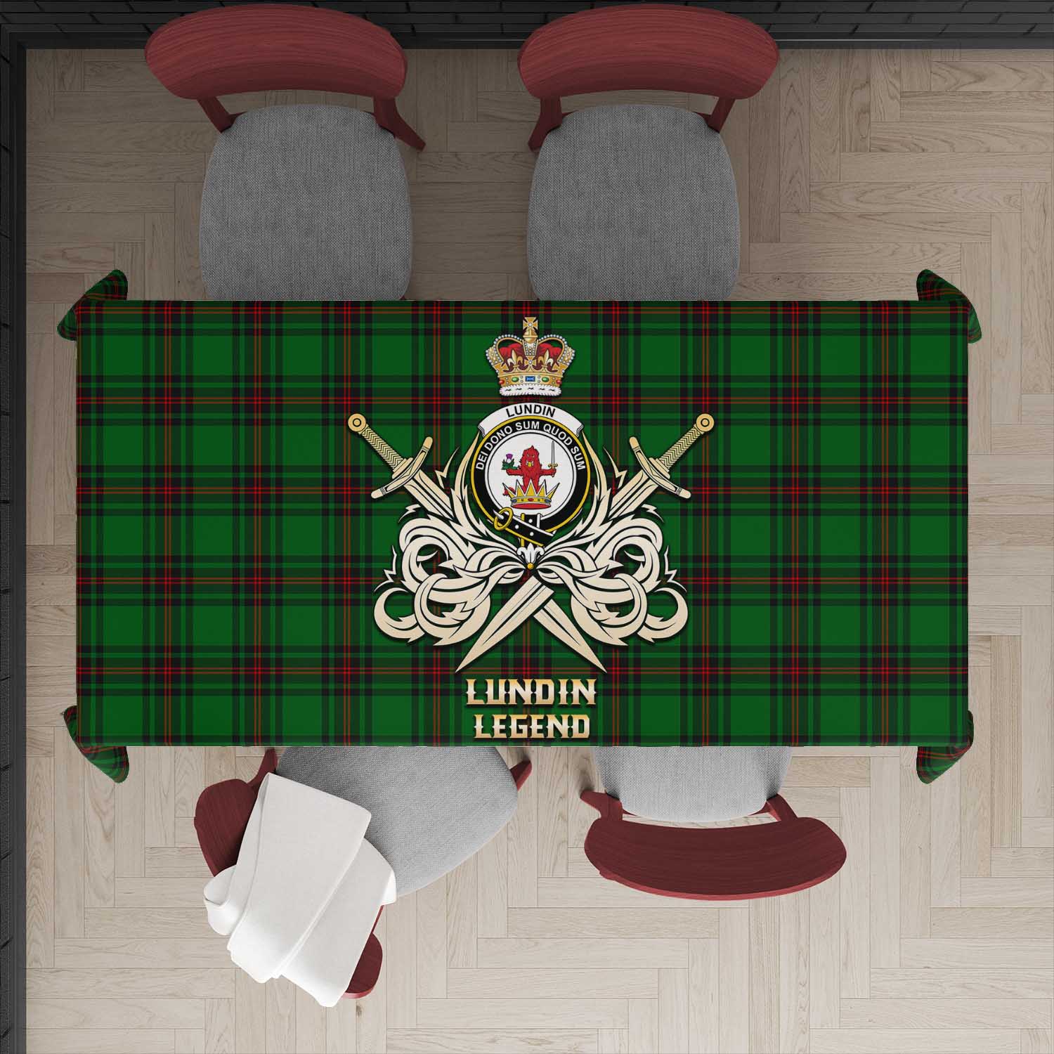 Tartan Vibes Clothing Lundin Tartan Tablecloth with Clan Crest and the Golden Sword of Courageous Legacy