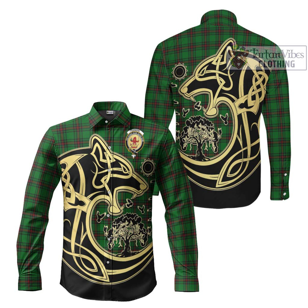 Lundin Tartan Long Sleeve Button Shirt with Family Crest Celtic Wolf Style Men's Shirt S - Tartan Vibes Clothing