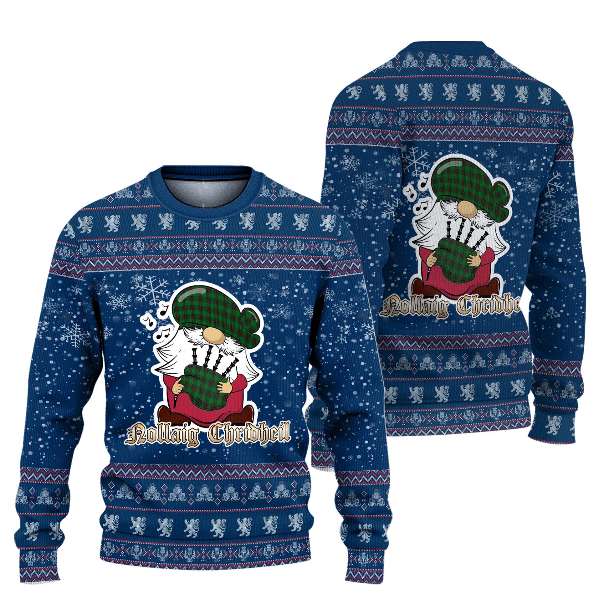 Lundin Clan Christmas Family Knitted Sweater with Funny Gnome Playing Bagpipes Unisex Blue - Tartanvibesclothing