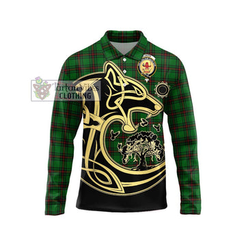 Lundin Tartan Long Sleeve Polo Shirt with Family Crest Celtic Wolf Style