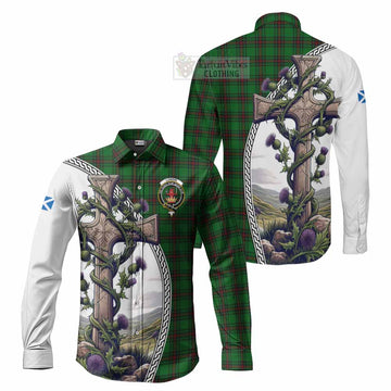 Lundin Tartan Long Sleeve Button Shirt with Family Crest and St. Andrew's Cross Accented by Thistle Vines Men's Shirt S - Tartan Vibes Clothing