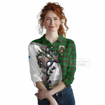 Lundin Tartan Women's Casual Shirt with Family Crest and St. Andrew's Cross Accented by Thistle Vines Female - Tartan Vibes Clothing