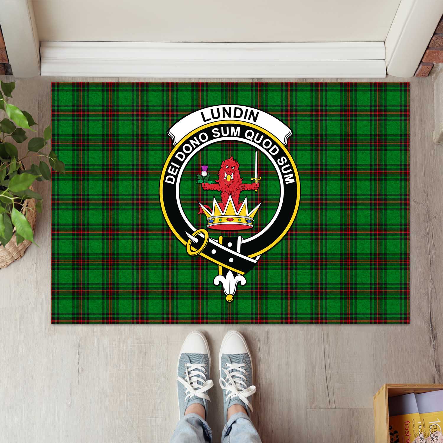 Lundin Tartan Door Mat with Family Crest - Tartanvibesclothing