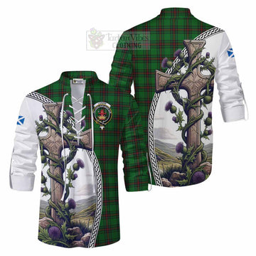 Lundin Tartan Ghillie Kilt Shirt with Family Crest and St. Andrew's Cross Accented by Thistle Vines Men - Tartan Vibes Clothing