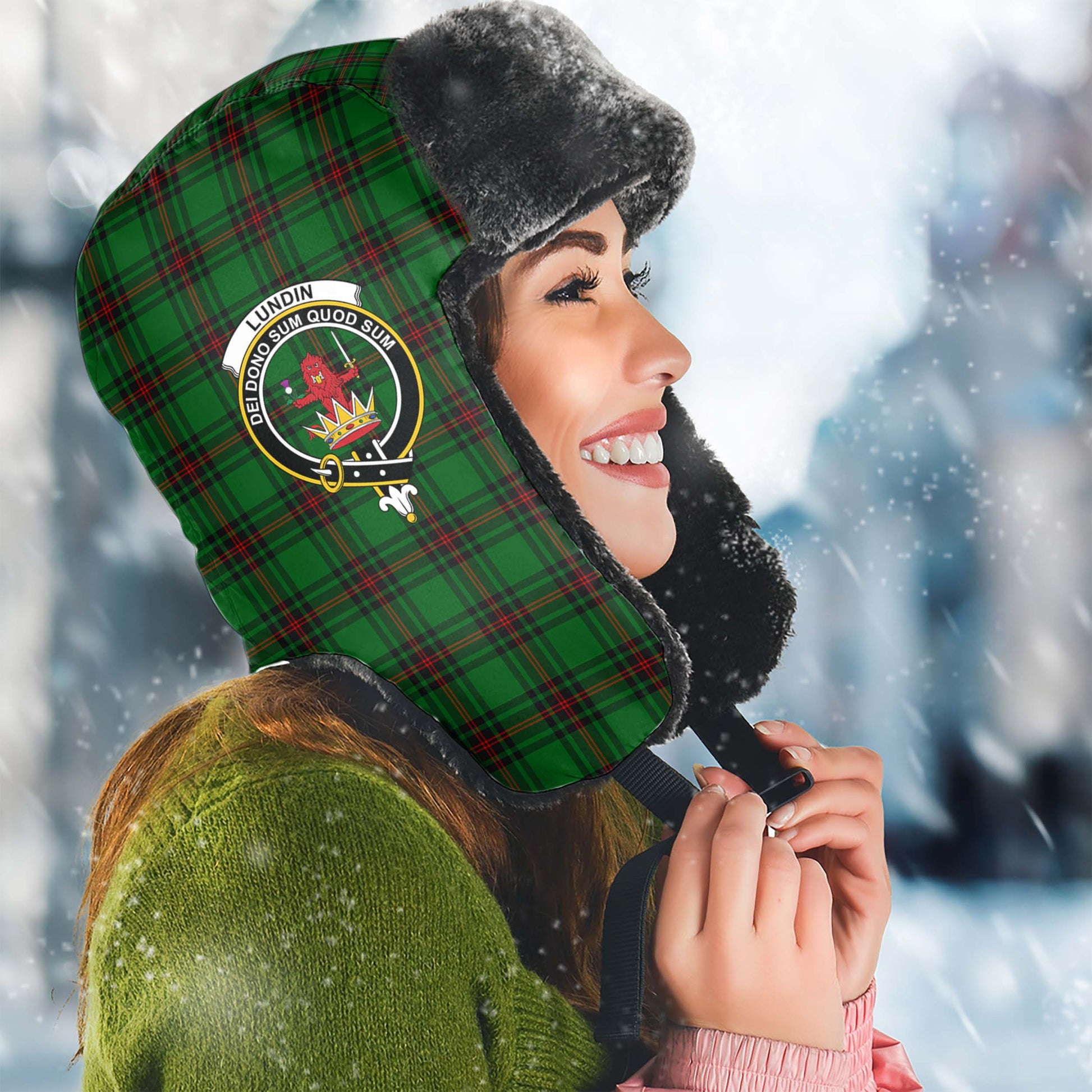 Lundin Tartan Winter Trapper Hat with Family Crest Winter Trapper Hat Universal Fit Circumference 22.8in (58cm) - Tartanvibesclothing
