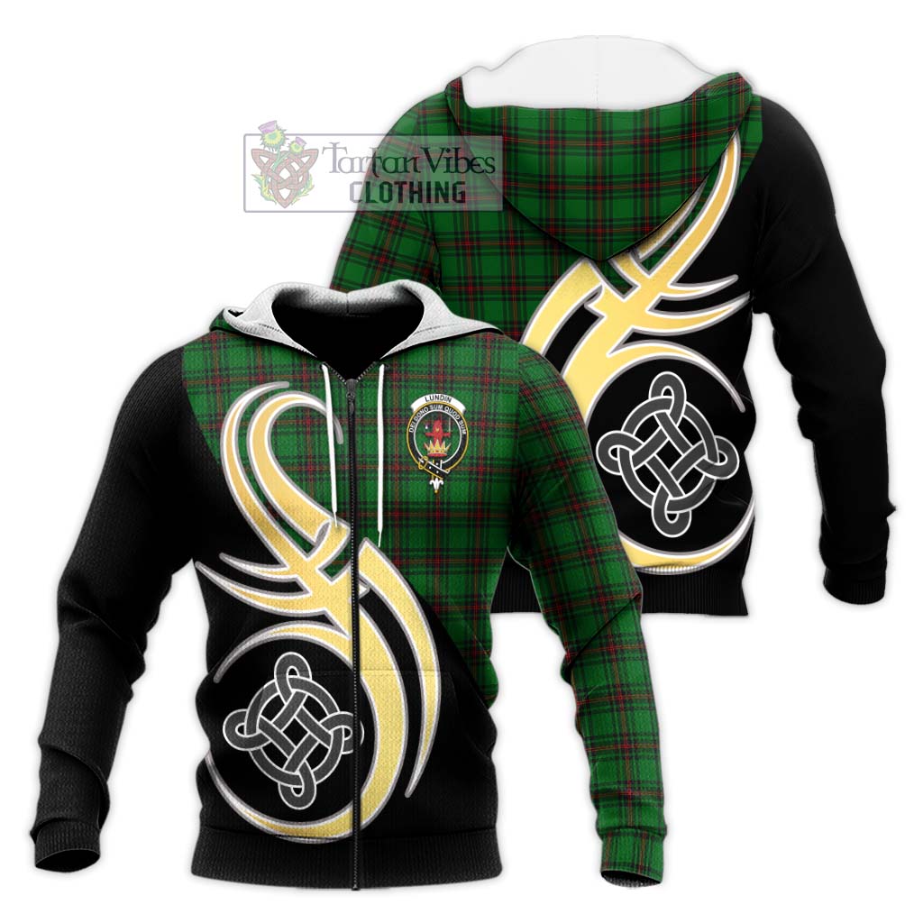 Tartan Vibes Clothing Lundin Tartan Knitted Hoodie with Family Crest and Celtic Symbol Style