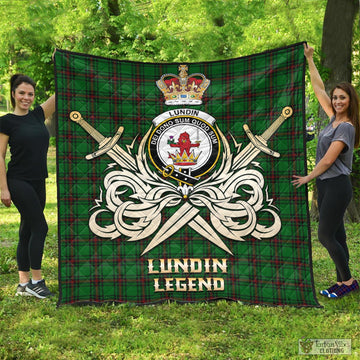 Lundin Tartan Quilt with Clan Crest and the Golden Sword of Courageous Legacy