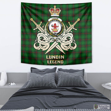 Lundin Tartan Tapestry with Clan Crest and the Golden Sword of Courageous Legacy