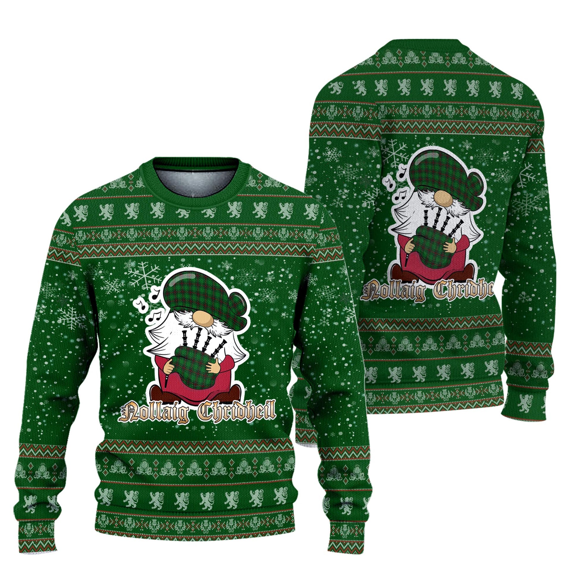 Lundin Clan Christmas Family Knitted Sweater with Funny Gnome Playing Bagpipes Unisex Green - Tartanvibesclothing