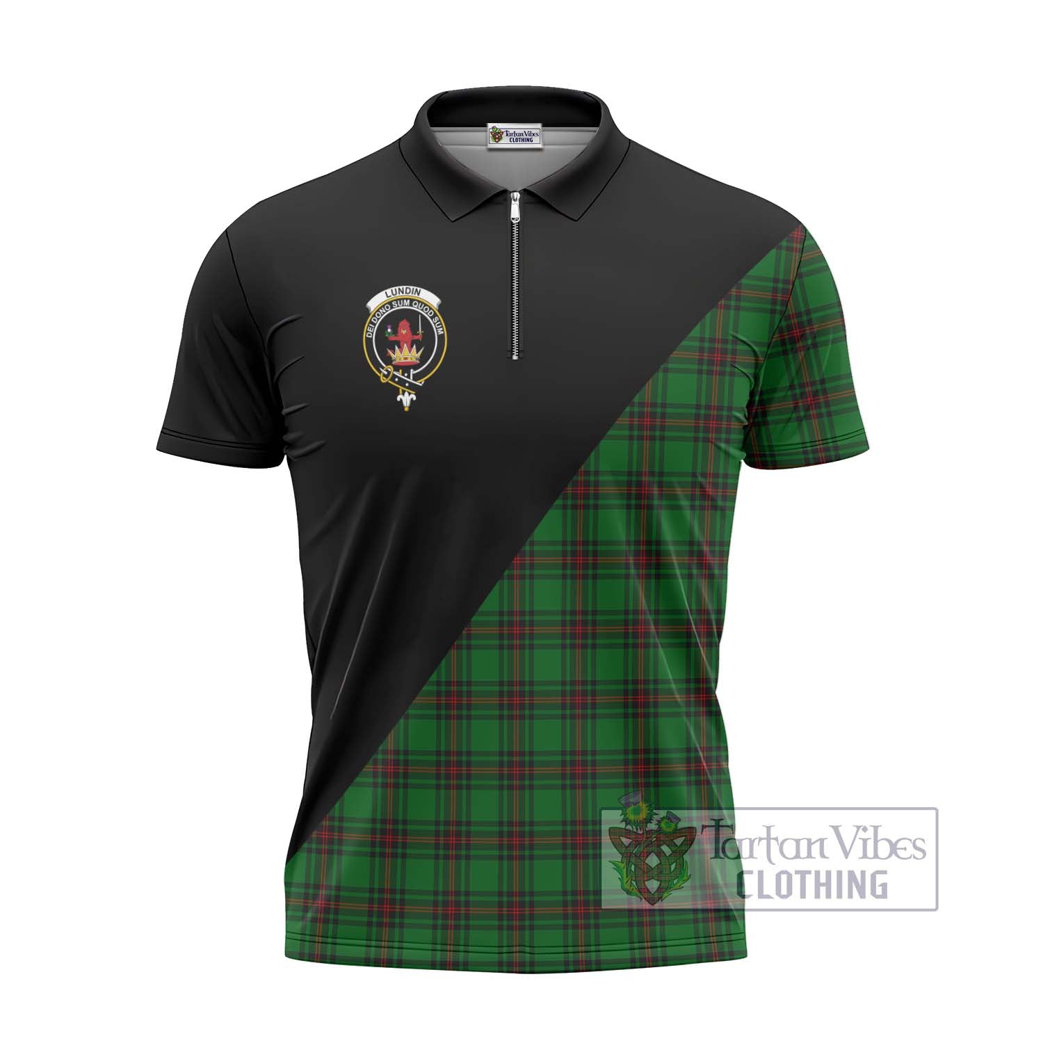 Tartan Vibes Clothing Lundin Tartan Zipper Polo Shirt with Family Crest and Military Logo Style