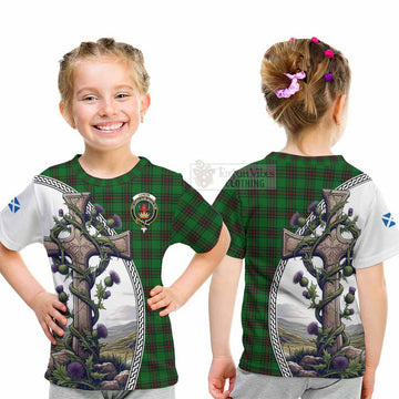 Lundin Tartan Kid T-Shirt with Family Crest and St. Andrew's Cross Accented by Thistle Vines - Tartan Vibes Clothing
