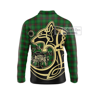 Lundin Tartan Long Sleeve Polo Shirt with Family Crest Celtic Wolf Style
