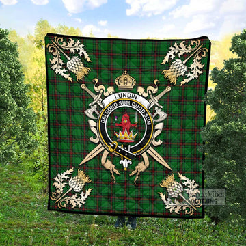 Lundin Tartan Quilt with Family Crest and Golden Thistle Crossed Sword Design