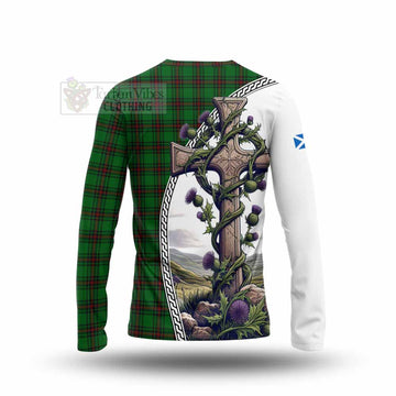 Lundin Tartan Long Sleeve T-Shirt with Family Crest and St. Andrew's Cross Accented by Thistle Vines - Tartan Vibes Clothing