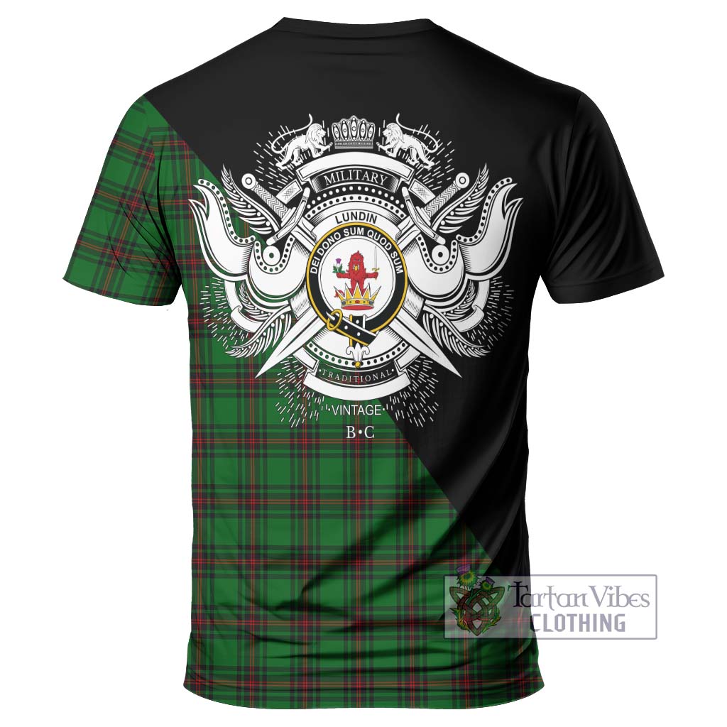 Tartan Vibes Clothing Lundin Tartan T-Shirt with Family Crest and Military Logo Style