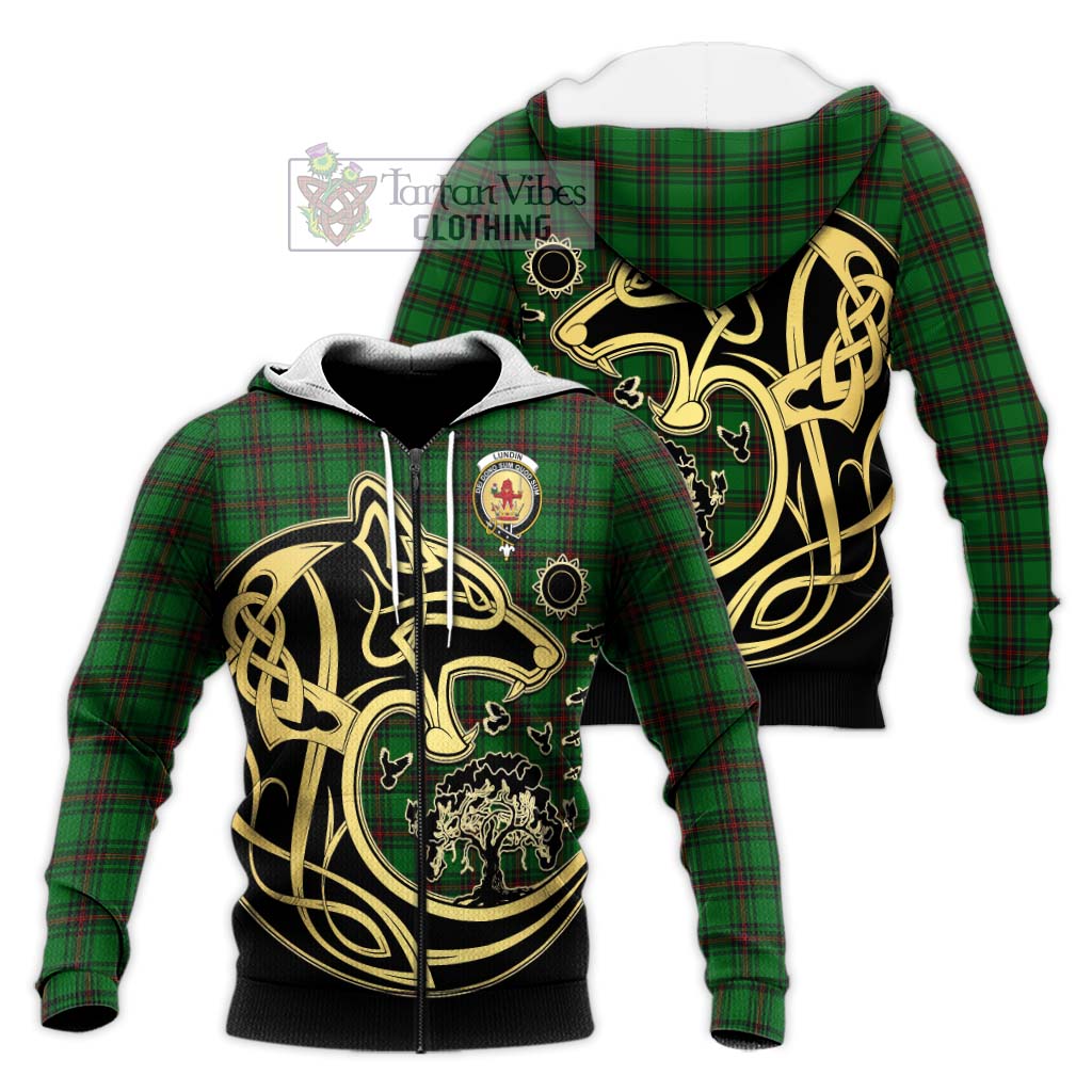 Tartan Vibes Clothing Lundin Tartan Knitted Hoodie with Family Crest Celtic Wolf Style