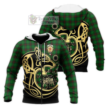 Lundin Tartan Knitted Hoodie with Family Crest Celtic Wolf Style