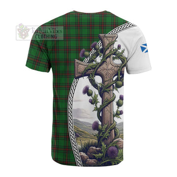 Lundin Tartan Cotton T-shirt with Family Crest and St. Andrew's Cross Accented by Thistle Vines - Tartan Vibes Clothing
