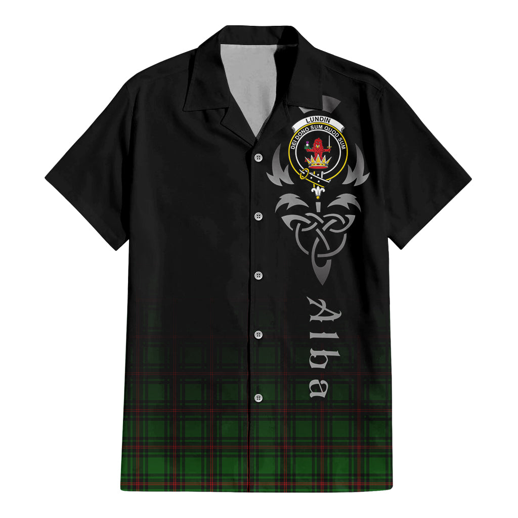 Tartan Vibes Clothing Lundin Tartan Short Sleeve Button Up Featuring Alba Gu Brath Family Crest Celtic Inspired