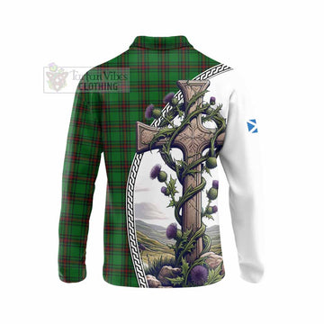 Lundin Tartan Long Sleeve Polo Shirt with Family Crest and St. Andrew's Cross Accented by Thistle Vines - Tartan Vibes Clothing