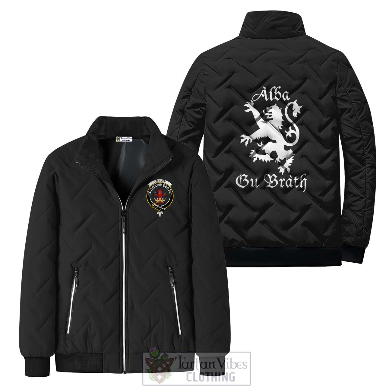Tartan Vibes Clothing Lundin Family Crest Padded Cotton Jacket Lion Rampant Alba Gu Brath Style