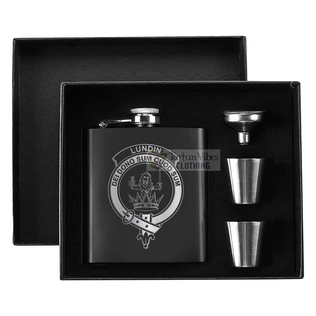 Tartan Vibes Clothing Lundin Crest Hip Flask Set 7oz Black Stainless Steel with A Gift Box