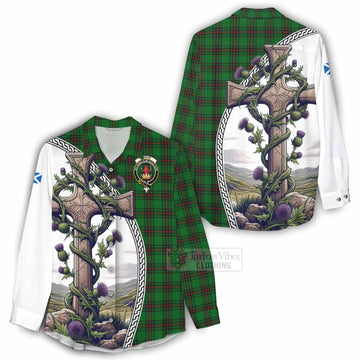 Lundin Tartan Women's Casual Shirt with Family Crest and St. Andrew's Cross Accented by Thistle Vines - Tartan Vibes Clothing