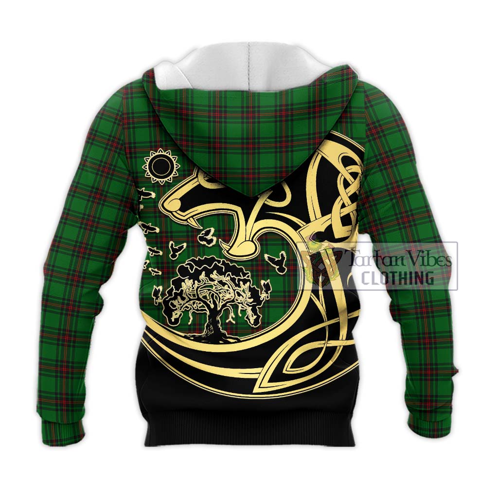Tartan Vibes Clothing Lundin Tartan Knitted Hoodie with Family Crest Celtic Wolf Style