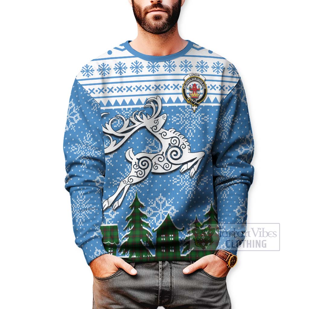 Lundin Clan Christmas Sweatshirt Celtic Reindeer Style - Tartan Vibes Clothing