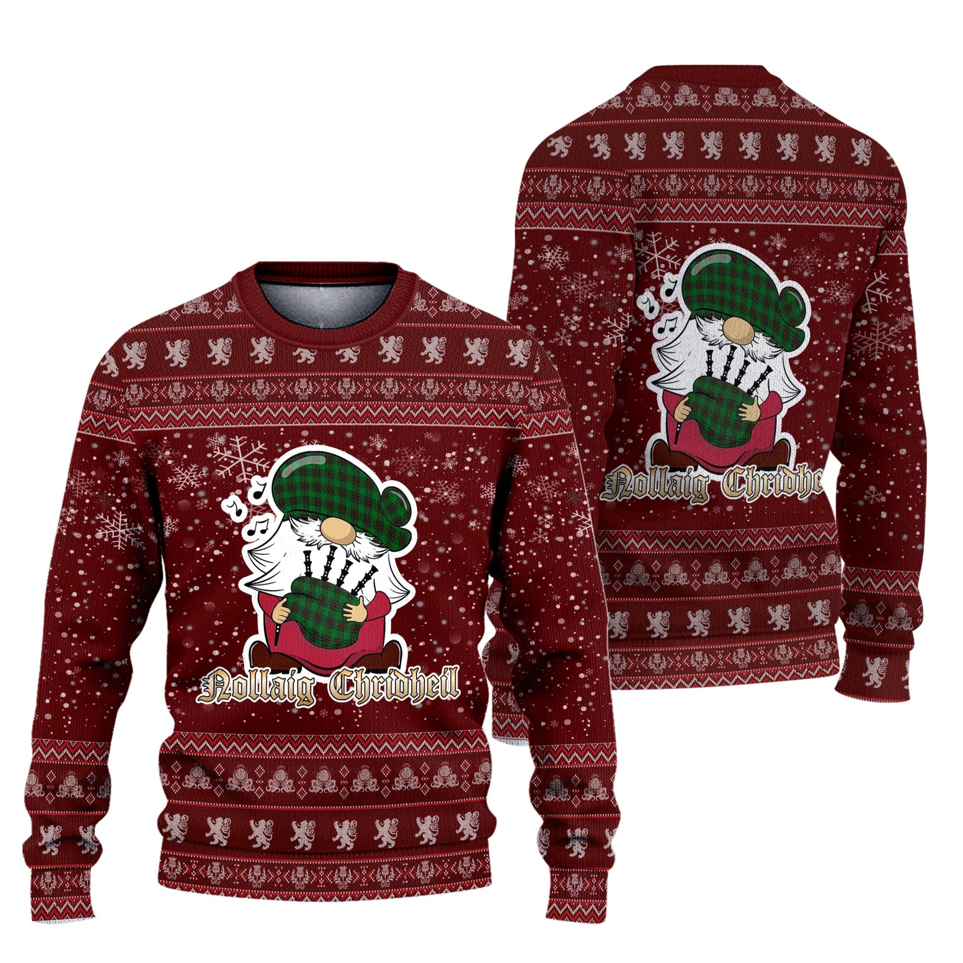 Lundin Clan Christmas Family Knitted Sweater with Funny Gnome Playing Bagpipes Unisex Red - Tartanvibesclothing