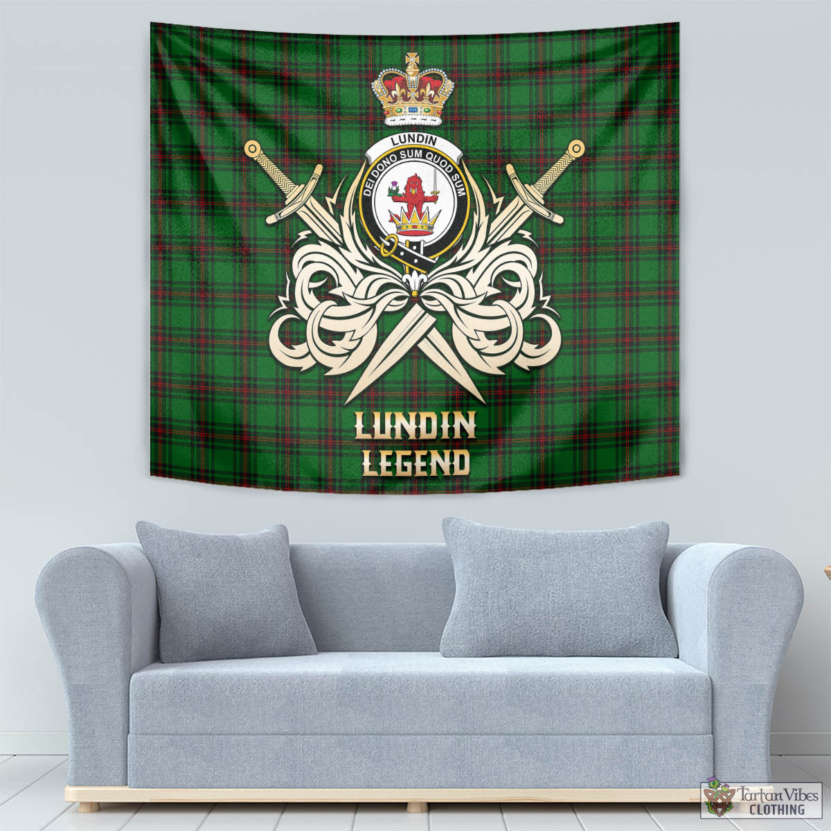 Tartan Vibes Clothing Lundin Tartan Tapestry with Clan Crest and the Golden Sword of Courageous Legacy