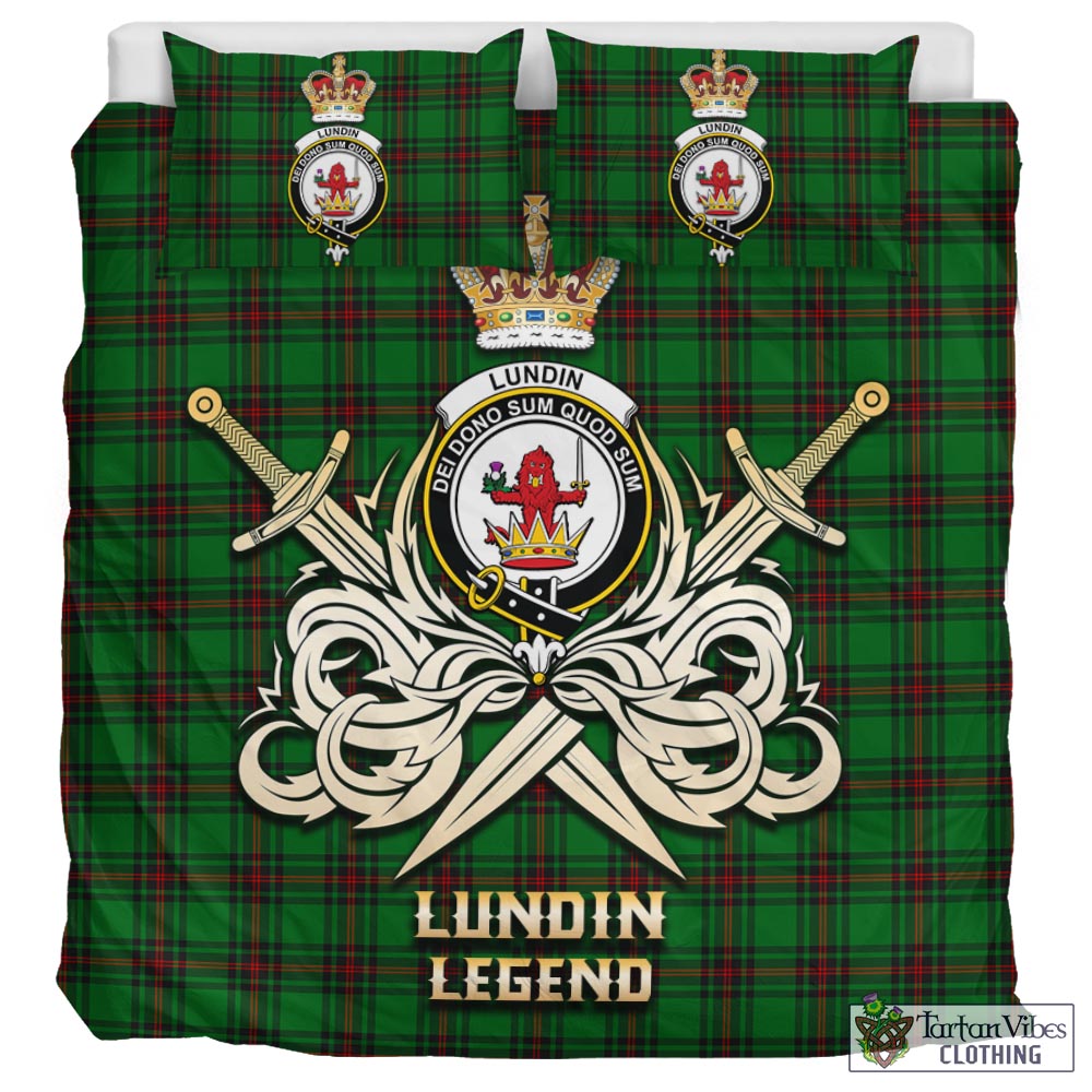 Tartan Vibes Clothing Lundin Tartan Bedding Set with Clan Crest and the Golden Sword of Courageous Legacy