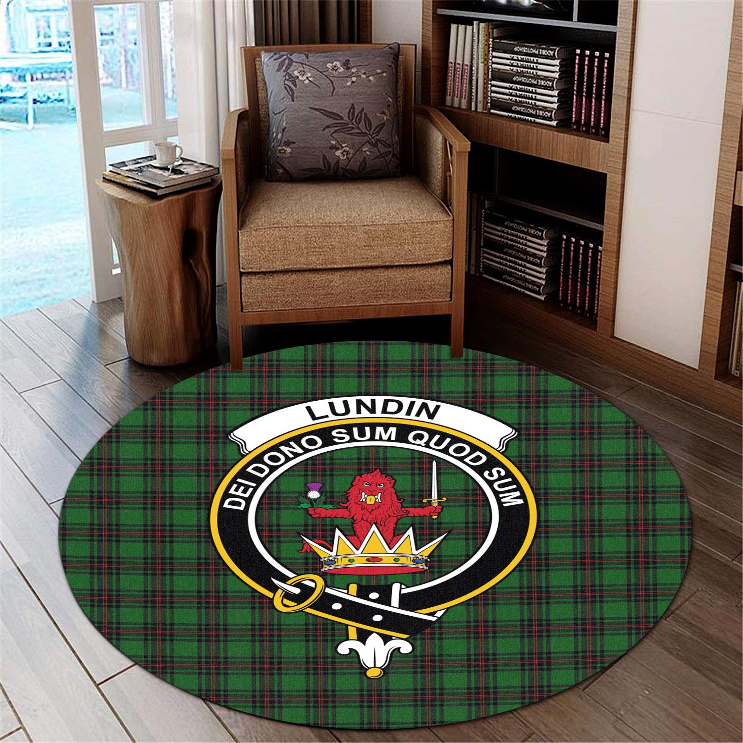 lundin-tartan-round-rug-with-family-crest
