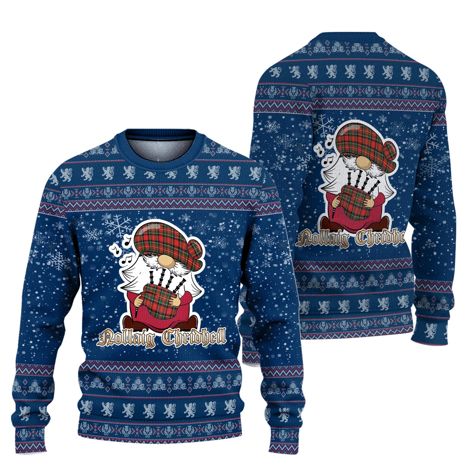 Lyle Clan Christmas Family Knitted Sweater with Funny Gnome Playing Bagpipes Unisex Blue - Tartanvibesclothing