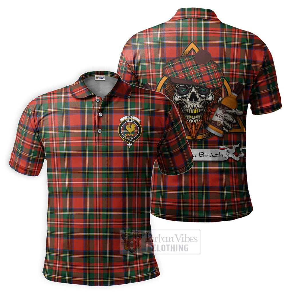 Tartan Vibes Clothing Lyle Tartan Polo Shirt with Family Crest and Bearded Skull Holding Bottles of Whiskey