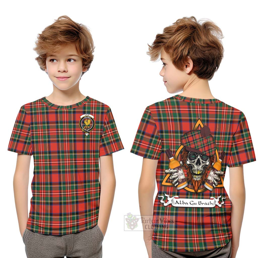 Tartan Vibes Clothing Lyle Tartan Kid T-Shirt with Family Crest and Bearded Skull Holding Bottles of Whiskey