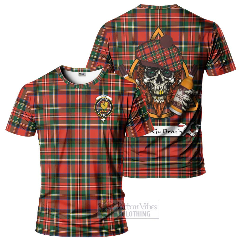 Tartan Vibes Clothing Lyle Tartan T-Shirt with Family Crest and Bearded Skull Holding Bottles of Whiskey