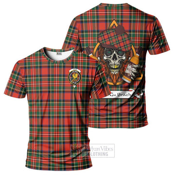 Lyle Tartan T-Shirt with Family Crest and Bearded Skull Holding Bottles of Whiskey