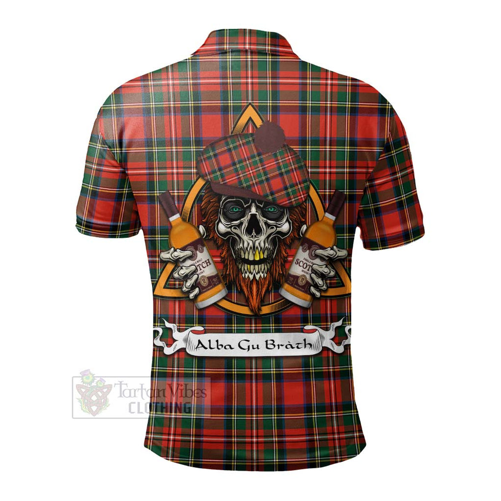 Tartan Vibes Clothing Lyle Tartan Polo Shirt with Family Crest and Bearded Skull Holding Bottles of Whiskey