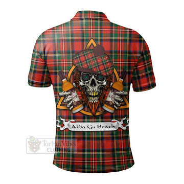 Lyle Tartan Polo Shirt with Family Crest and Bearded Skull Holding Bottles of Whiskey