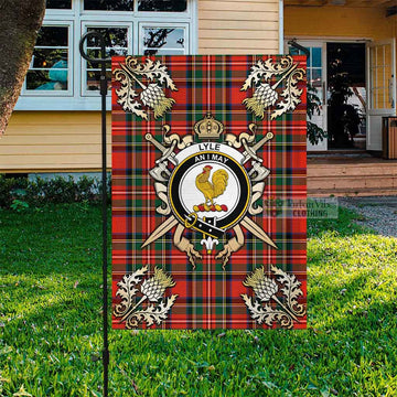 Lyle Tartan Flag with Family Crest and Golden Thistle Crossed Sword Design