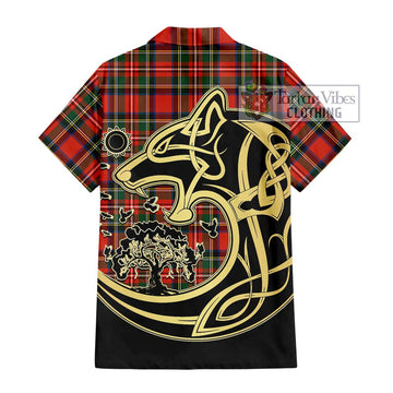 Lyle Tartan Short Sleeve Button Shirt with Family Crest Celtic Wolf Style