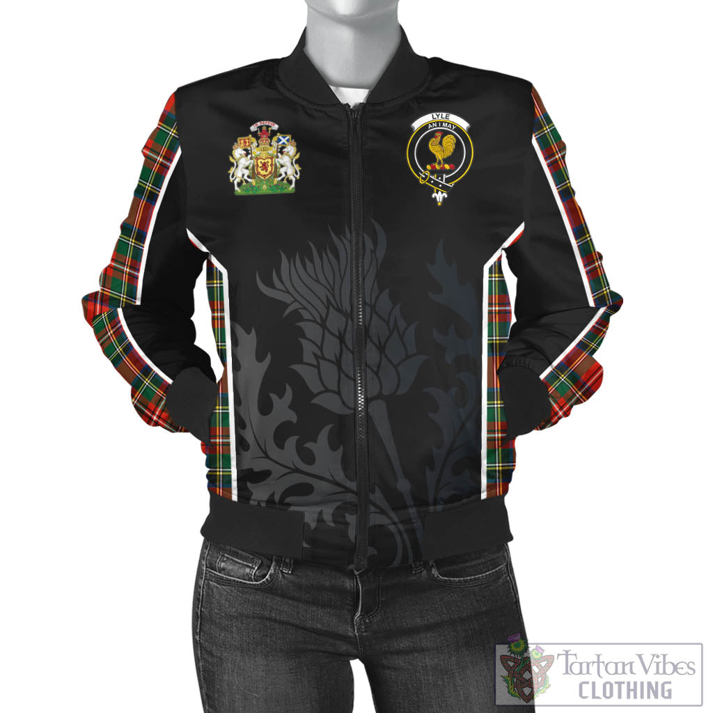 Tartan Vibes Clothing Lyle Tartan Bomber Jacket with Family Crest and Scottish Thistle Vibes Sport Style