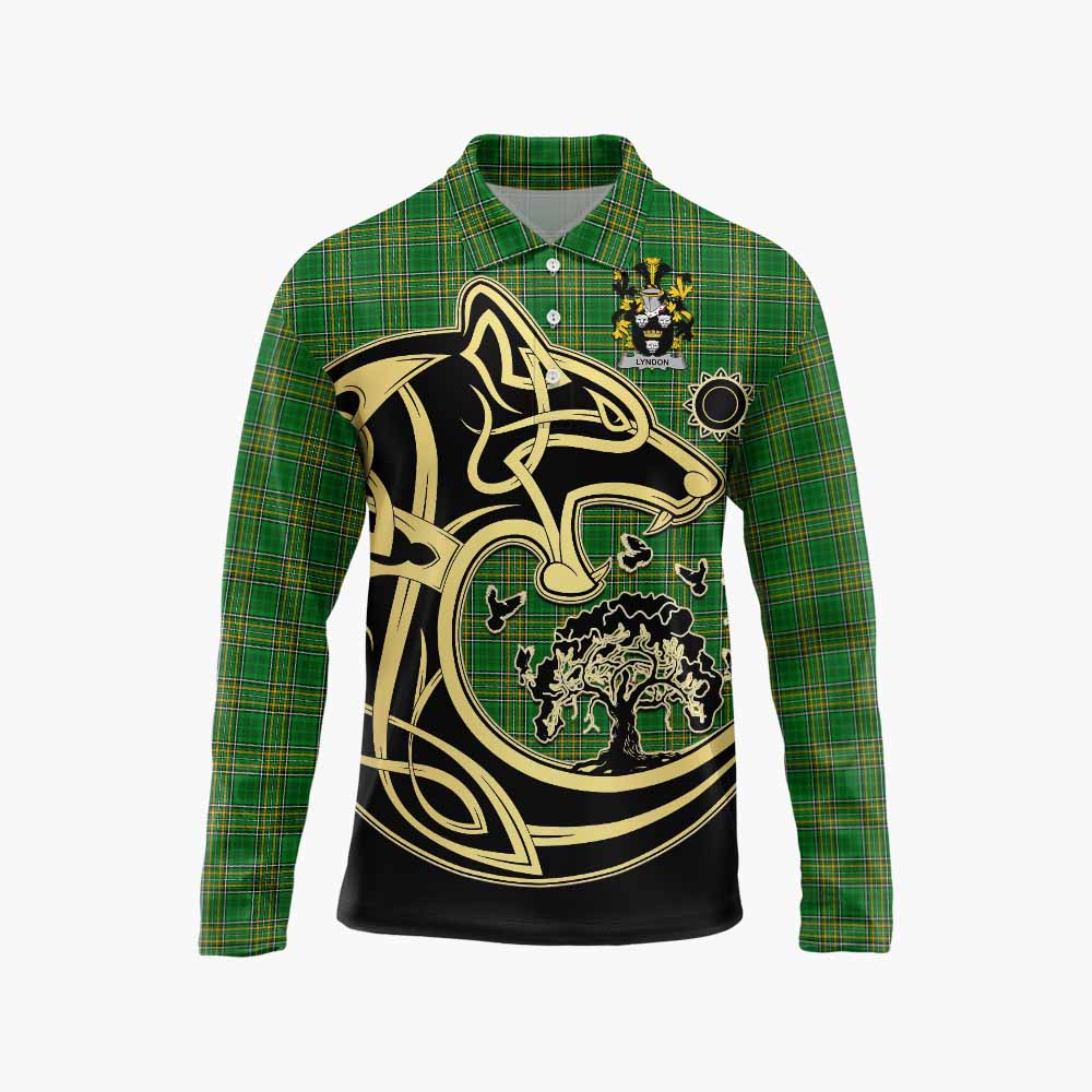 Lyndon Irish Tartan Long Sleeve Polo Shirt with Coat of Arms Celtic Wolf Style Unisex - Tartan Vibes Clothing