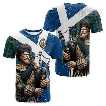 Lyon Tartan Cotton T-shirt with Family Crest Scottish Bagpiper Vibes