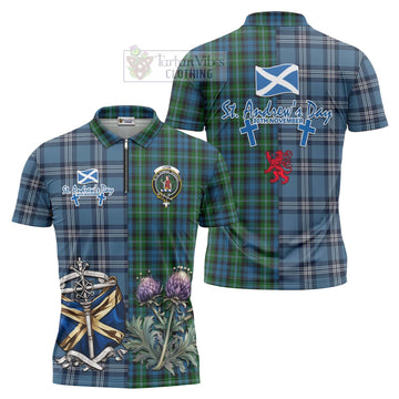 Lyon Tartan Zipper Polo Shirt Happy St. Andrew's Day Half Tartan Style Unisex - Tartan Vibes Clothing