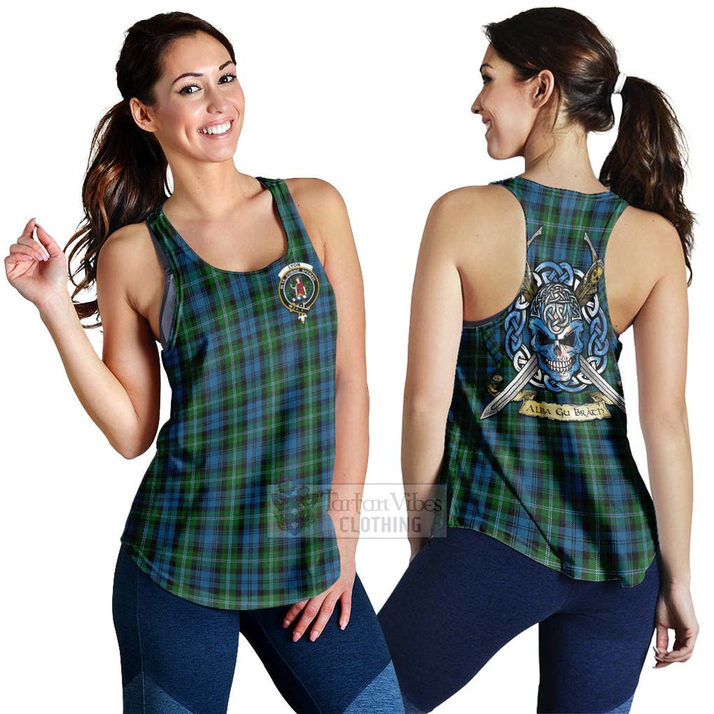 Tartan Vibes Clothing Lyon Tartan Women's Racerback Tanks with Family Crest Celtic Skull Style