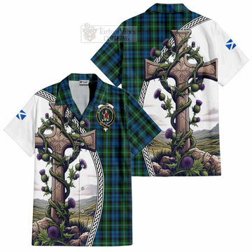 Lyon Tartan Hawaiian Shirt with Family Crest and St. Andrew's Cross Accented by Thistle Vines Kid - Tartan Vibes Clothing